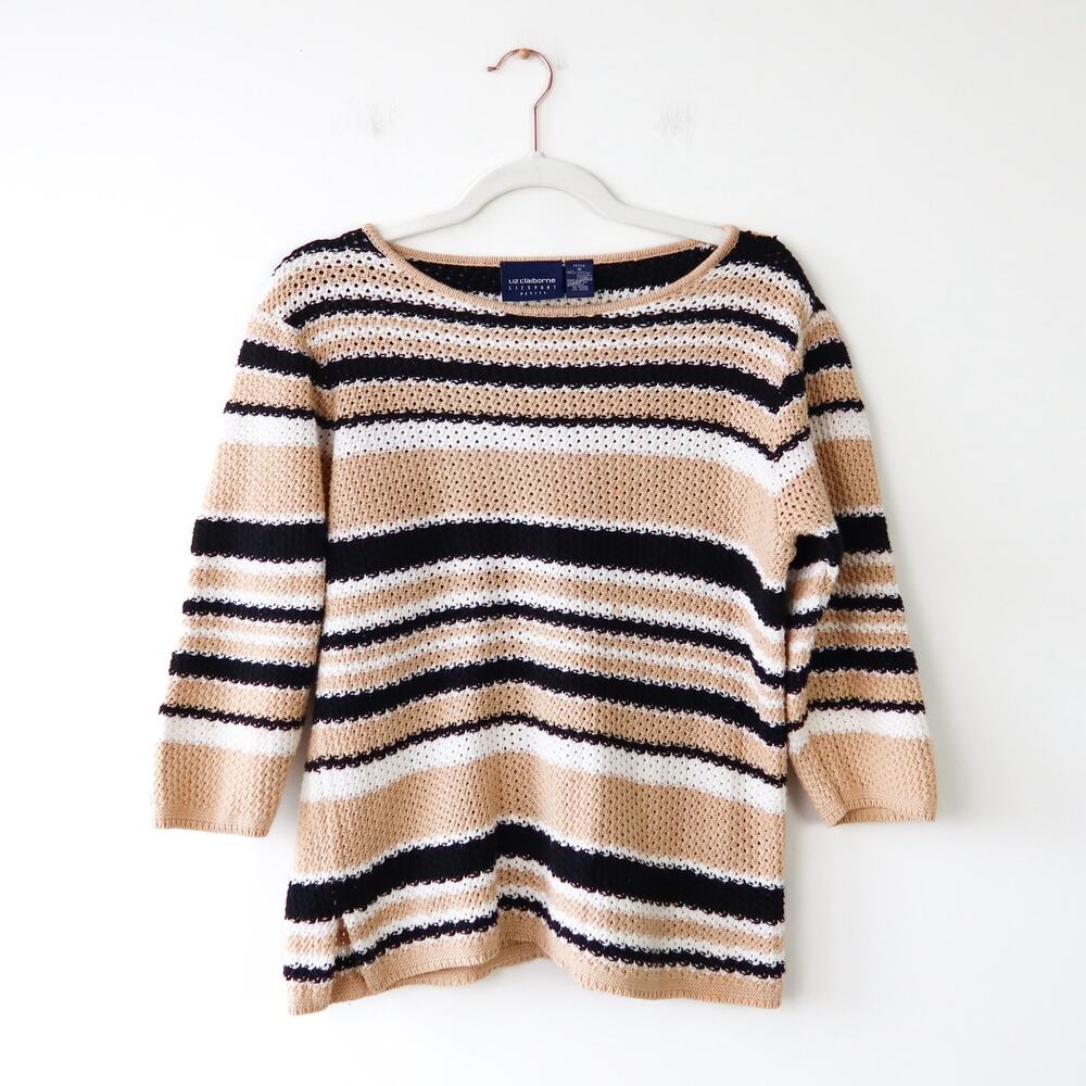 Y2K Striped Knit Cotton Boatneck Sweater Medium Petite Boho